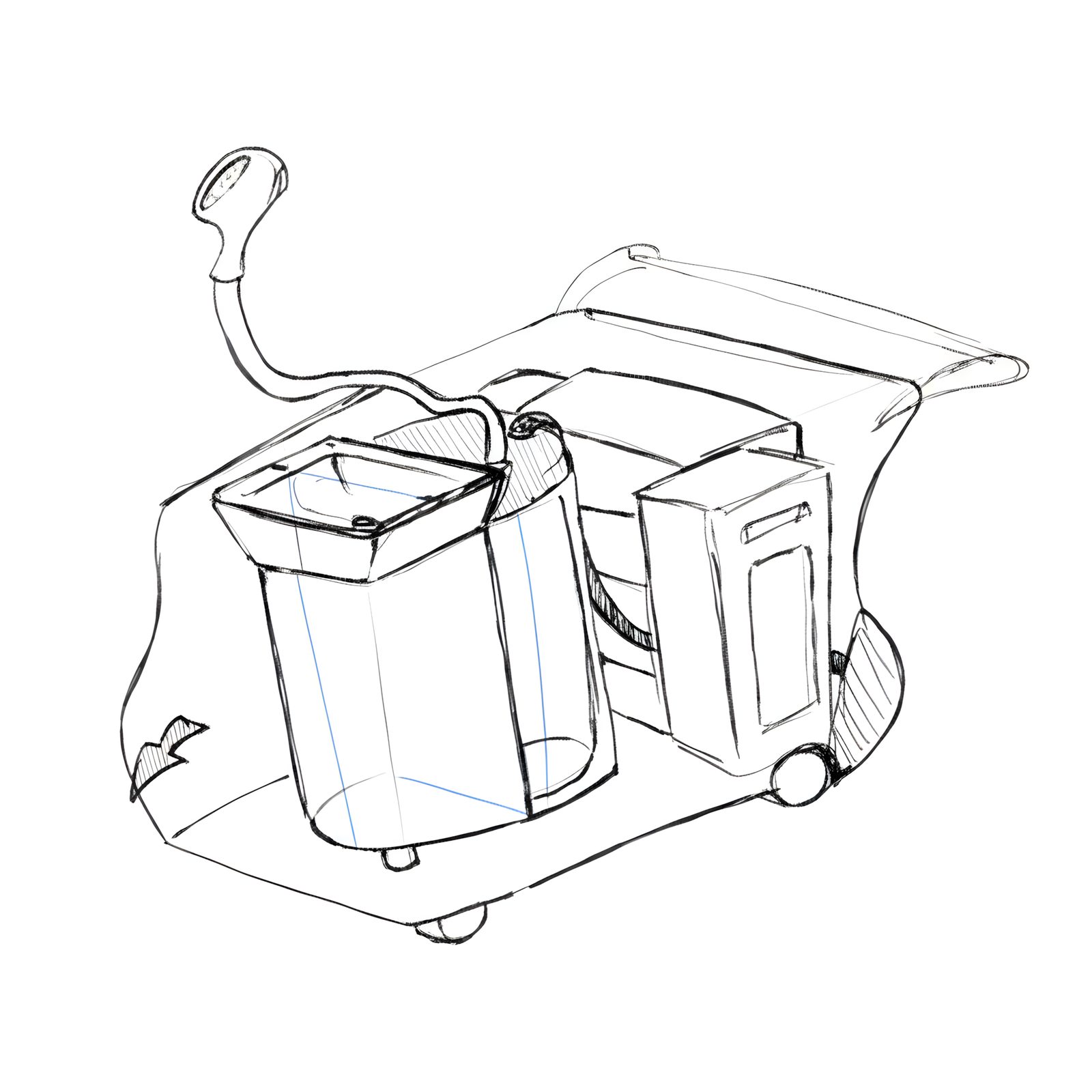Clear-line industrial sketch of an early cart concept, water tank and basin layout.