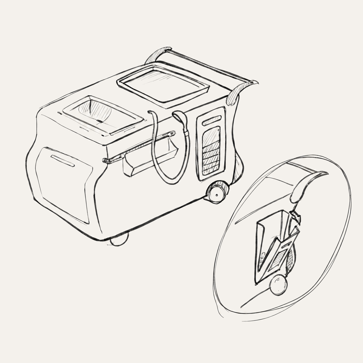 Clear-line industrial sketch showing cart side-access panel and wheel mount detail.