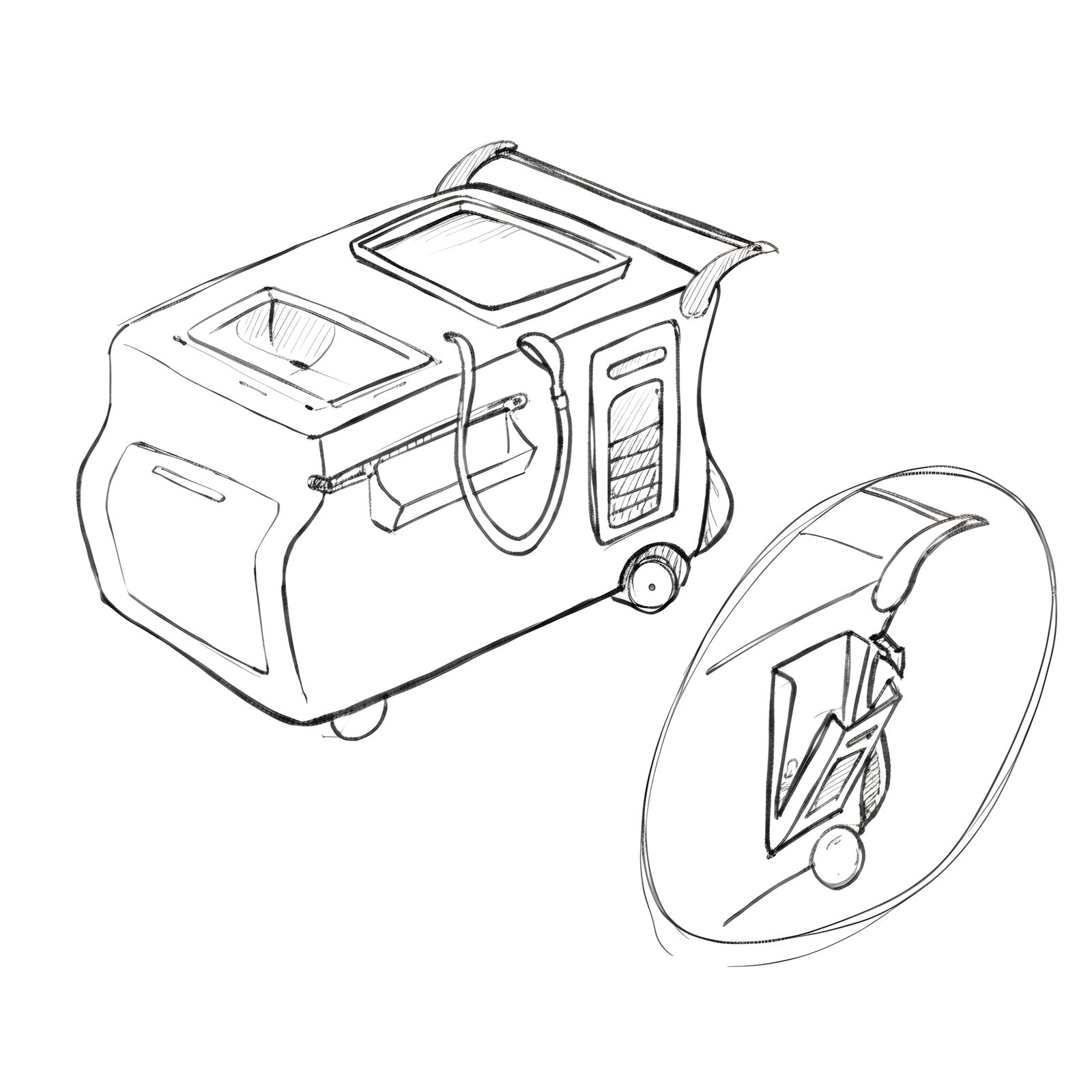 Clear-line industrial sketch showing cart side-access panel and wheel mount detail.