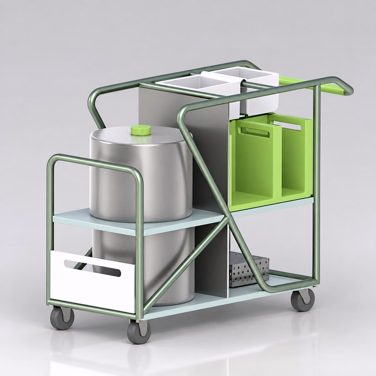 Early CAD iteration: stainless frame with green accent, exposed structure and cylindrical water tank.