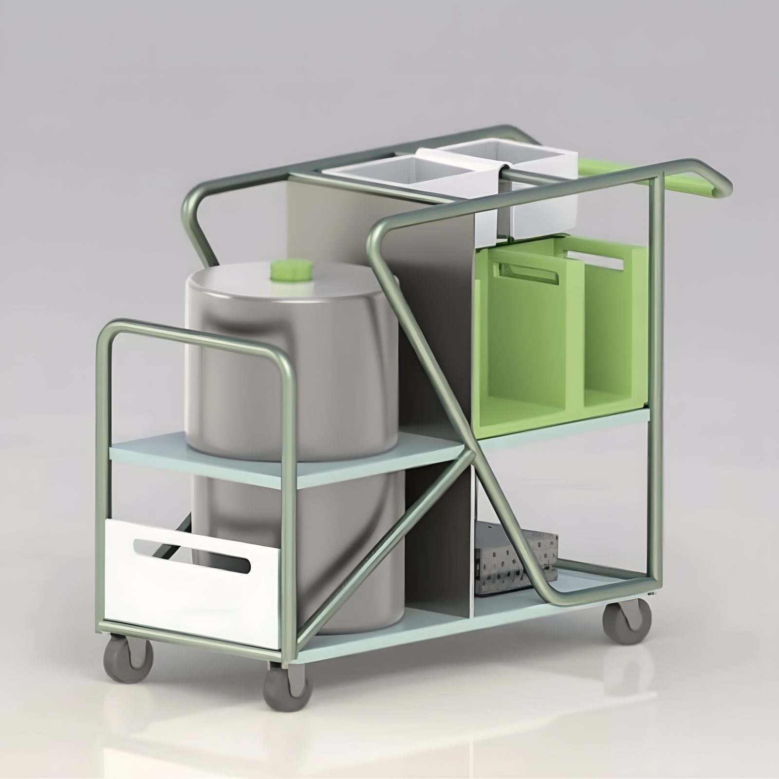 Early CAD iteration: stainless frame with green accent, exposed structure and cylindrical water tank.
