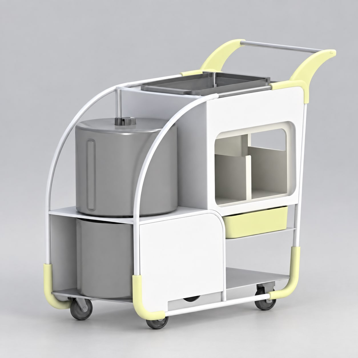 Mid CAD iteration: rounded white-yellow body, compact footprint with curved upper deck.