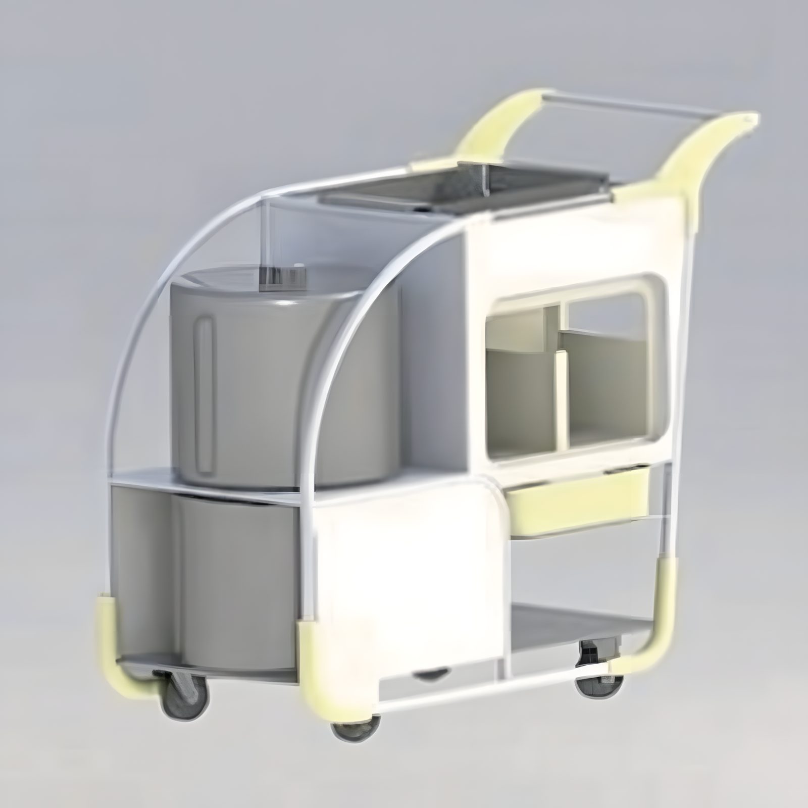 Mid CAD iteration: rounded white-yellow body, compact footprint with curved upper deck.