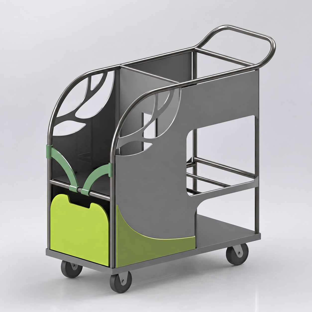 Later CAD iteration: yellow-green flatter body, leaf-cutout structural detail introduced.