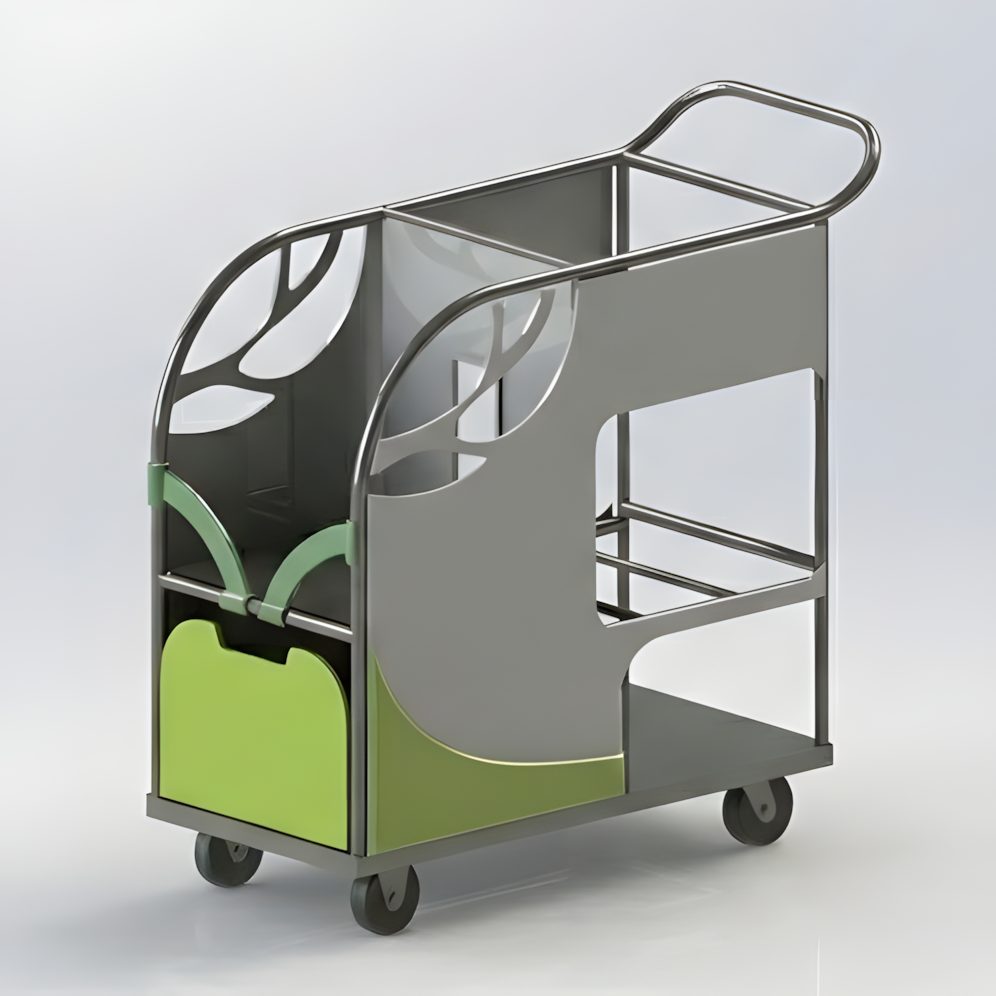 Later CAD iteration: yellow-green flatter body, leaf-cutout structural detail introduced.