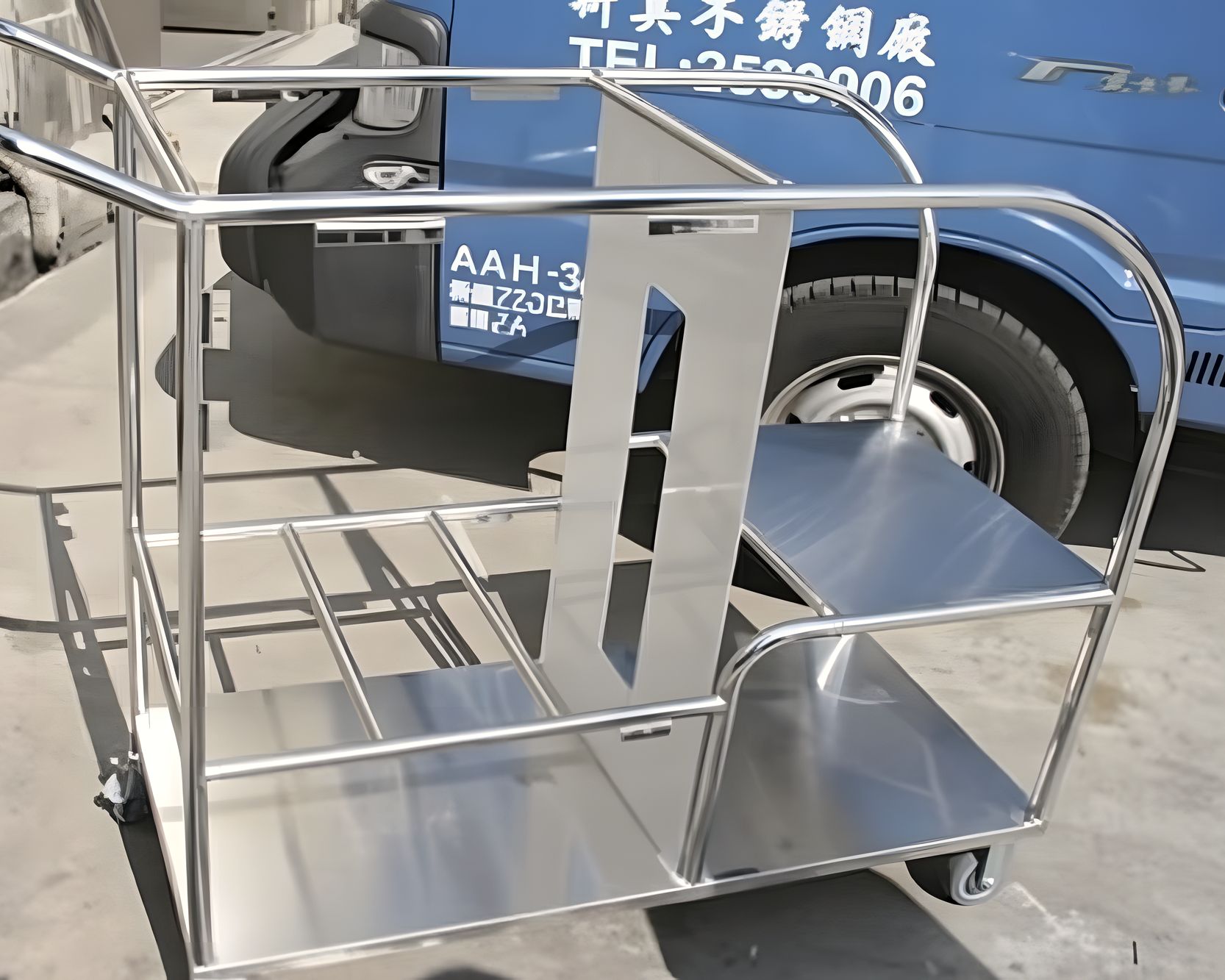 Welded stainless steel frame outside the fabrication workshop.