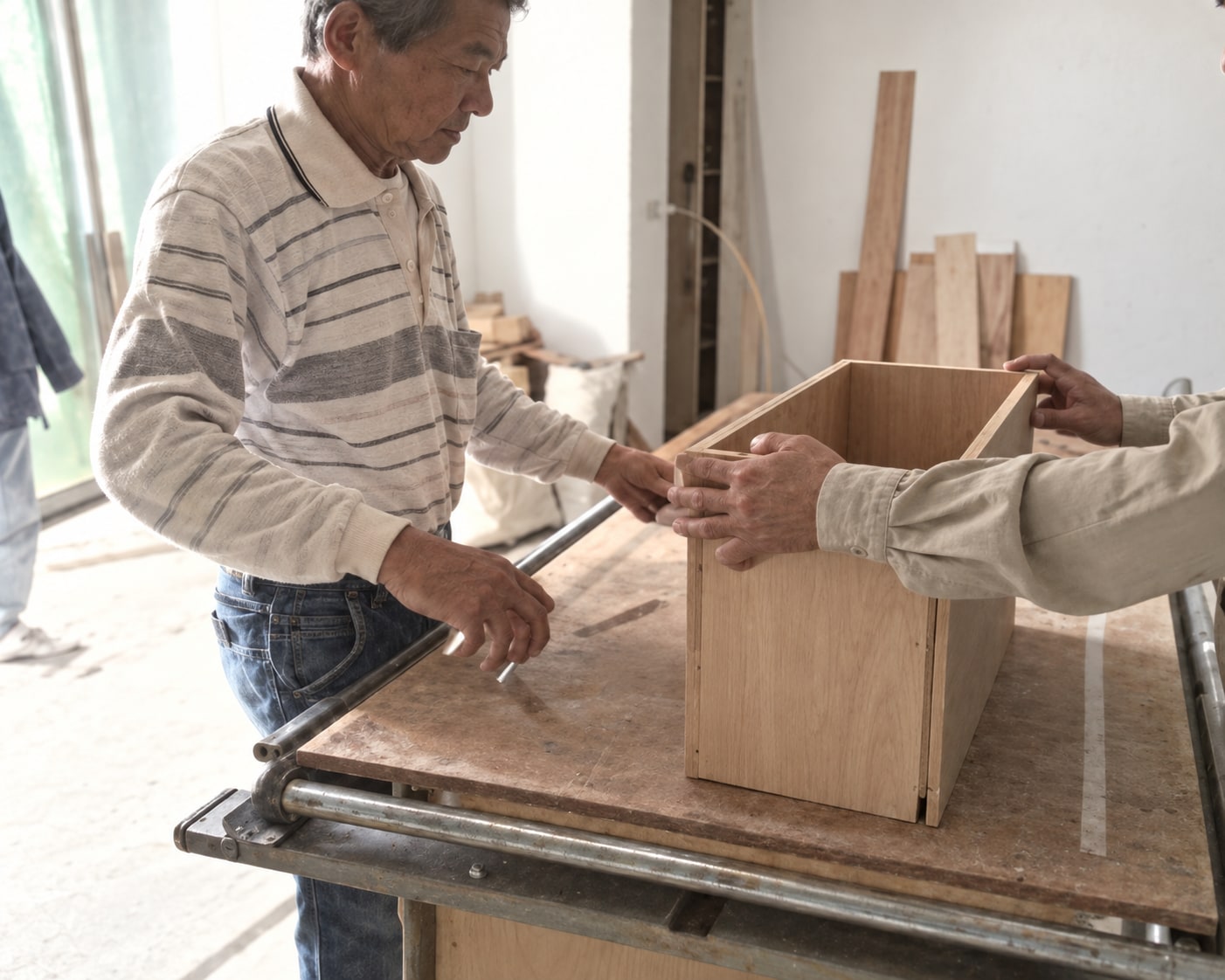 AI reconstruction of the original workshop photograph: examining a wooden body mockup with a mentor.