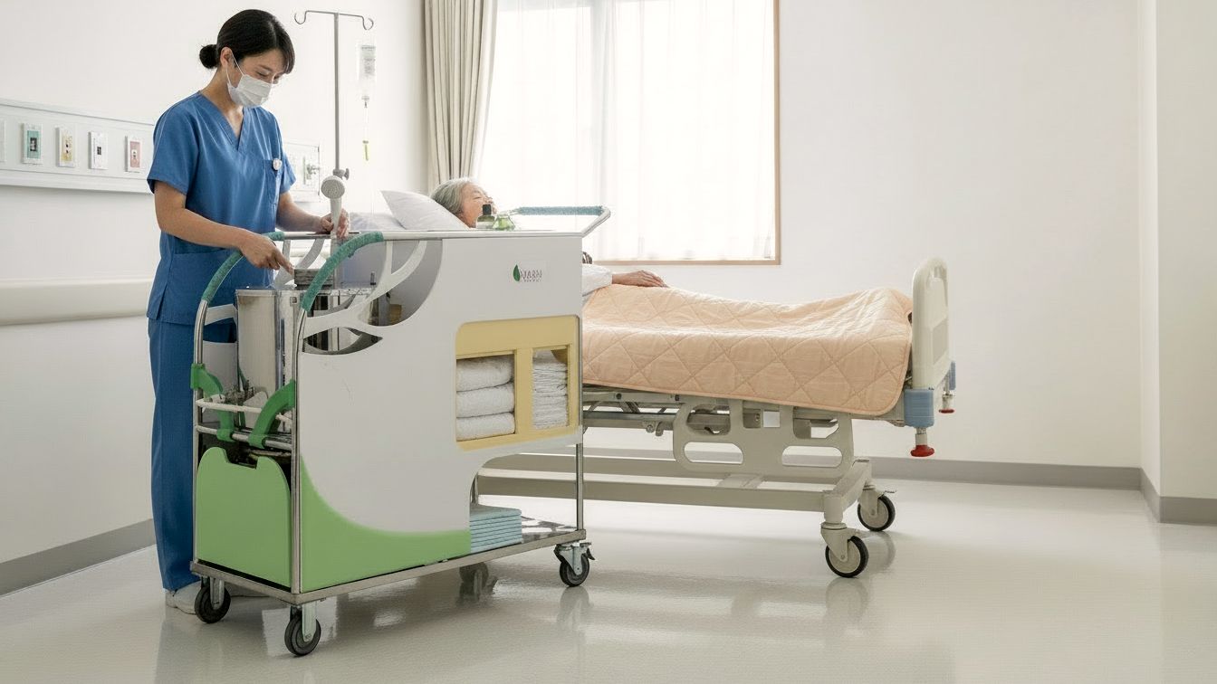 Use-case rendering: a caregiver in scrubs operating the Wash Enjoy cart beside a bedridden patient in a clean hospital room.