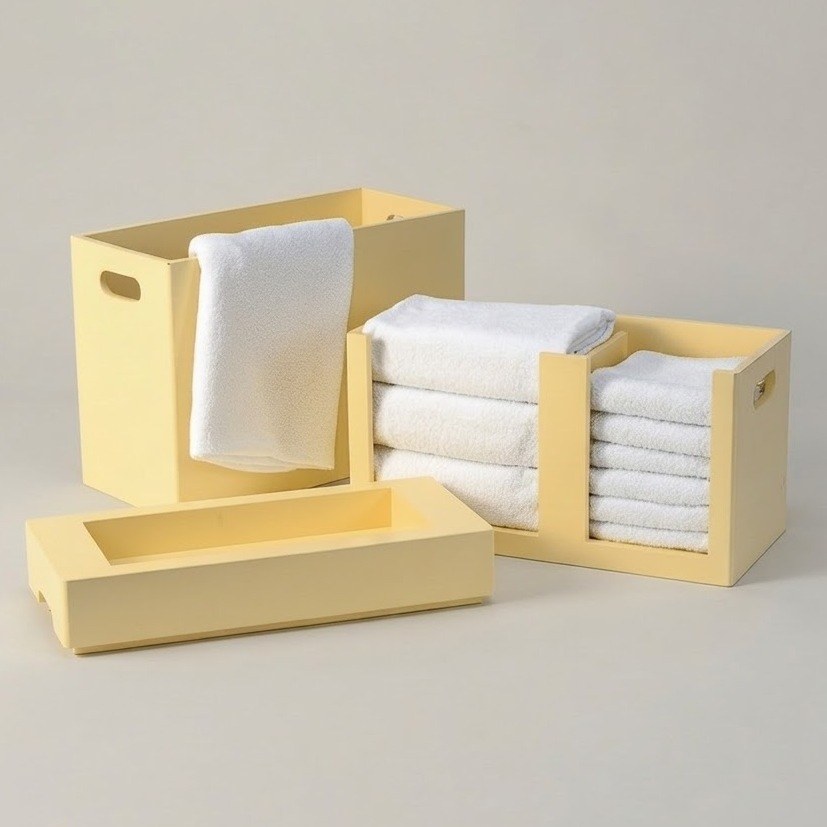 Detail: three yellow towel storage boxes with white folded towels.