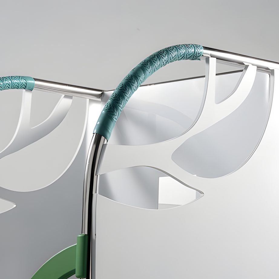 Detail: curved stainless handle wrapped in green braid, leaf-pattern cutout visible behind.