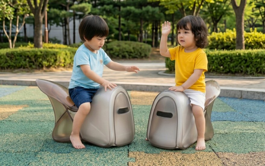 Two children playing on cicada-shaped chair-cajóns at a neighborhood park — one with hand raised as if about to drum.