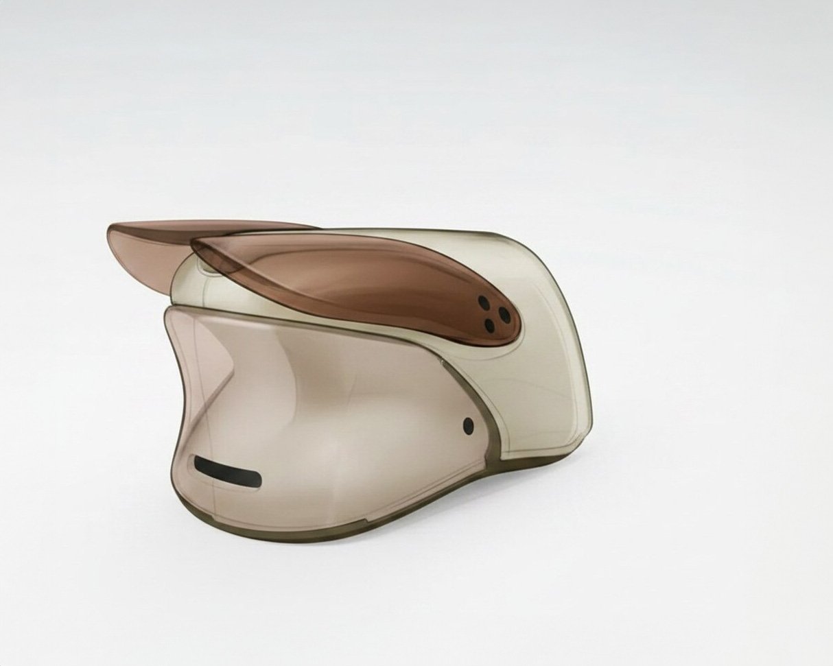 Rear three-quarter left view of the cream cicada chair, wing flange visible from above.