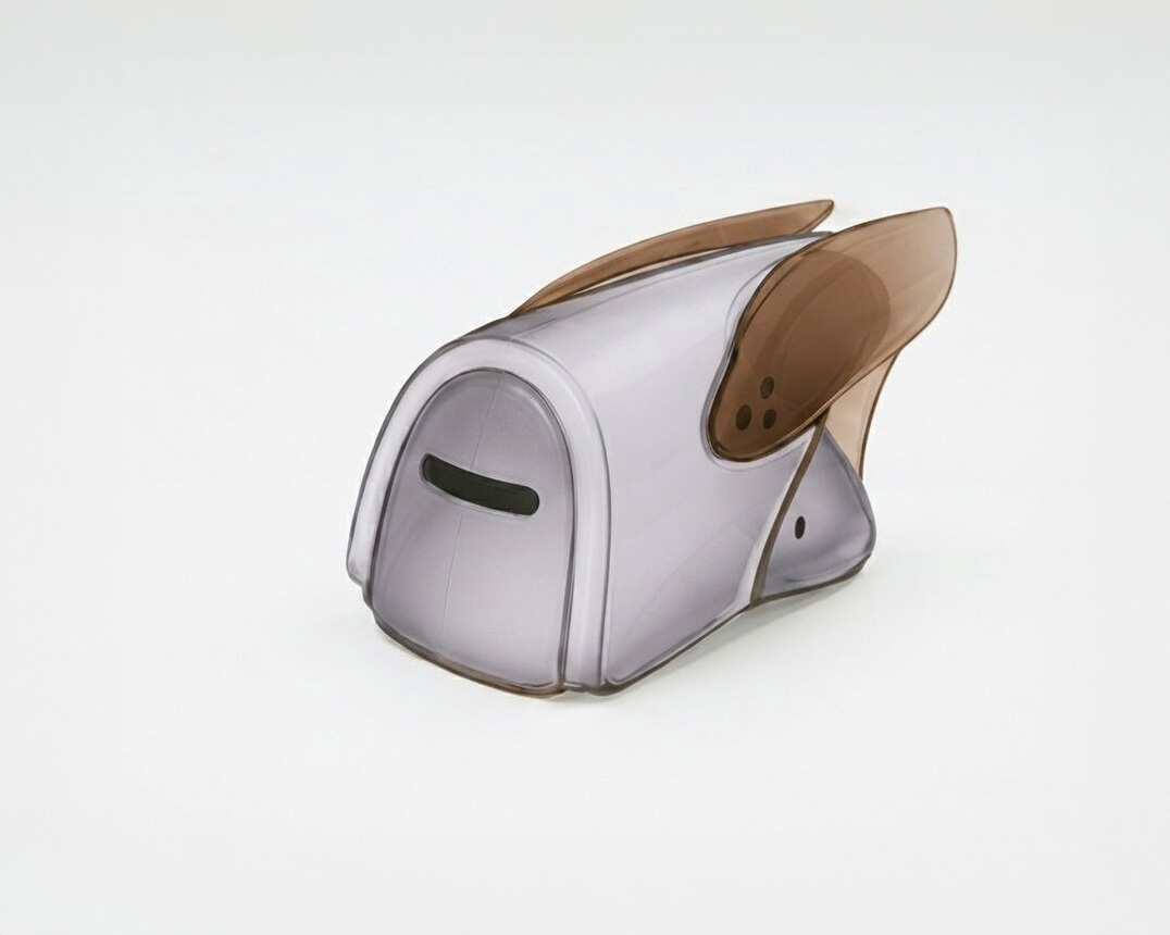 Three-quarter render of the cicada chair in the gray × tan colorway.