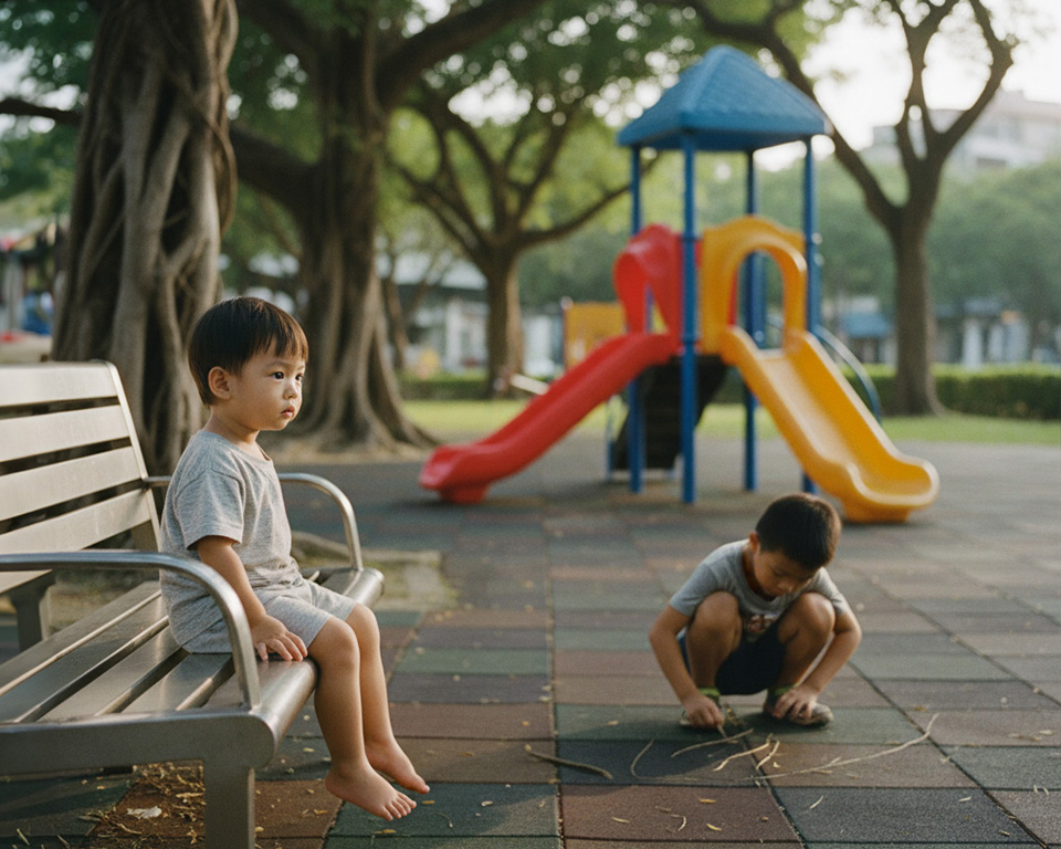 A young child sits on an adult bench at a Taiwanese neighborhood park, legs dangling because feet don't reach the ground, looking off-camera. Another child draws on rubber tiles nearby with a small stick. Background: out-of-focus plastic playground equipment.