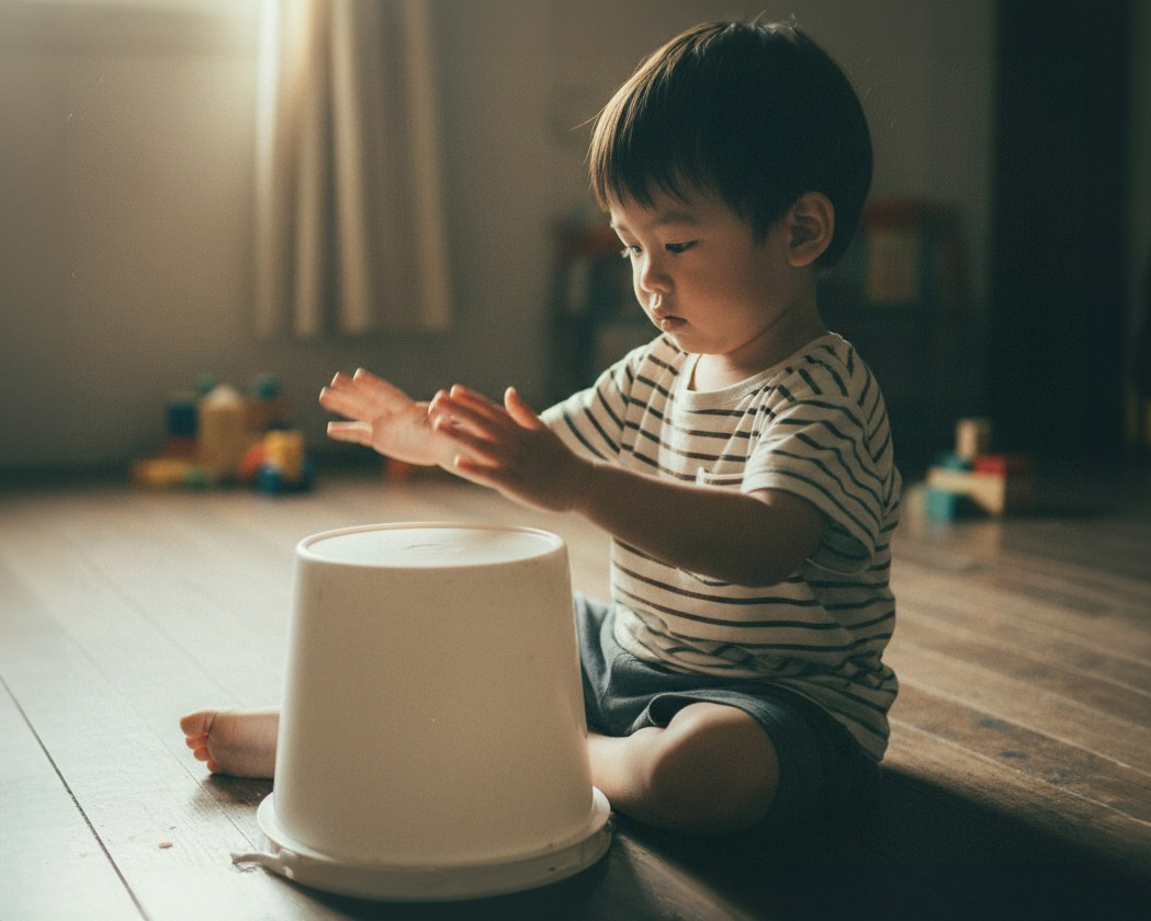 A young Taiwanese child sits cross-legged on a wooden floor, palms slightly blurred from mid-motion, rhythmically drumming on an upside-down plastic bucket, completely absorbed.