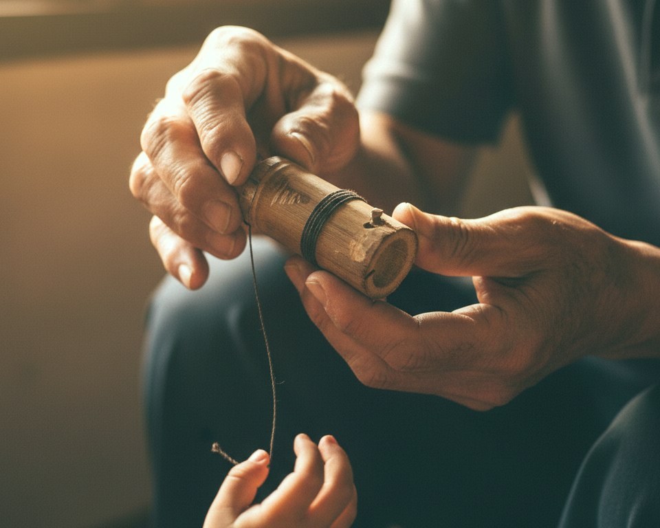 A grandfather's weathered hands offer a hand-carved bamboo cicada folk toy (竹蟬) to a small child's hand reaching up from the bottom of the frame.