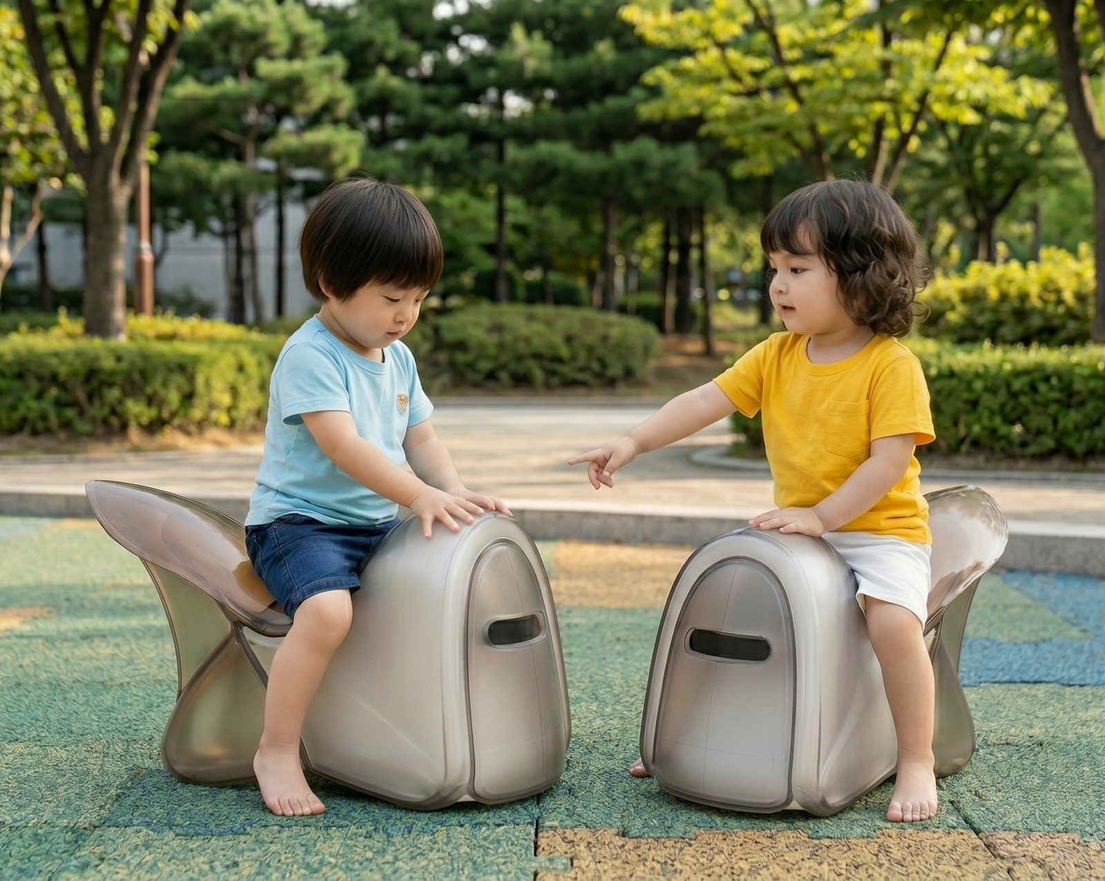 Two Taiwanese children facing each other on cicada chair-cajóns at a neighborhood park. One reaches a hand toward the other, pointing — mid-conversation, mid-rhythm.