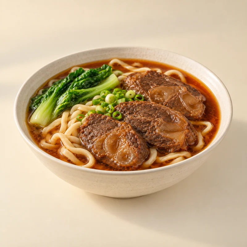 Beef noodle soup in a deep brown broth.