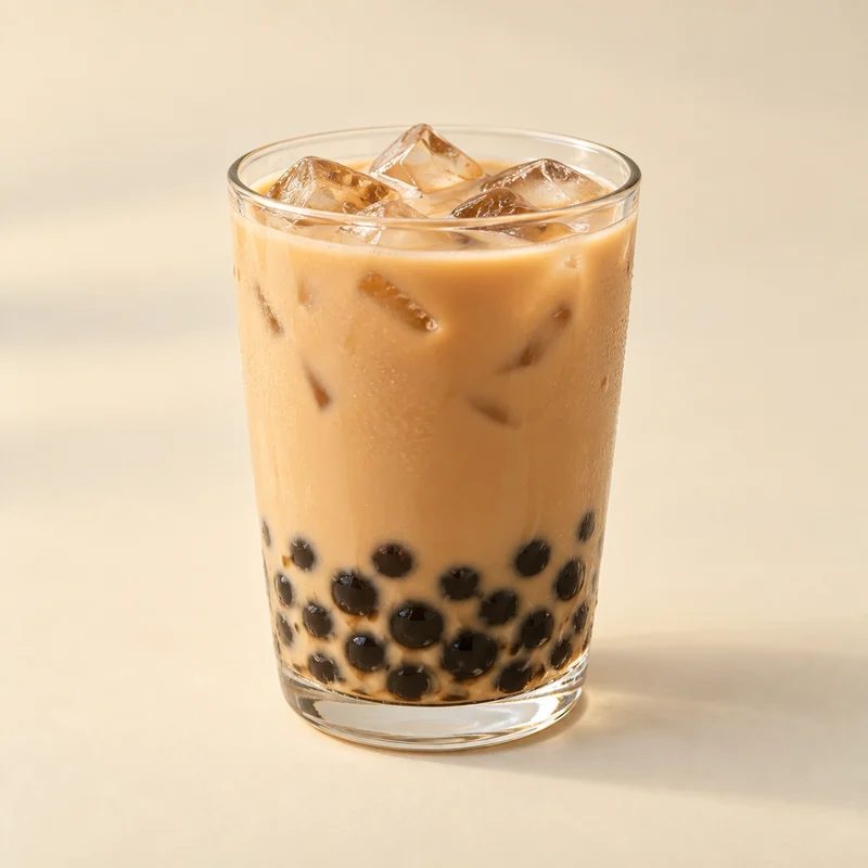 Bubble milk tea with tapioca pearls visible at the bottom.