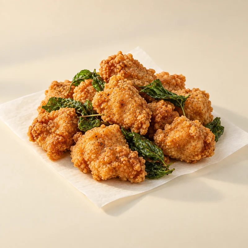 Popcorn chicken — golden fried bite-sized pieces with basil.