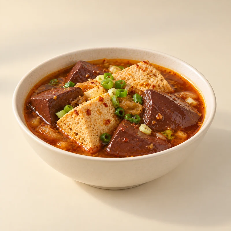 Duck blood and stinky tofu in deep red broth.