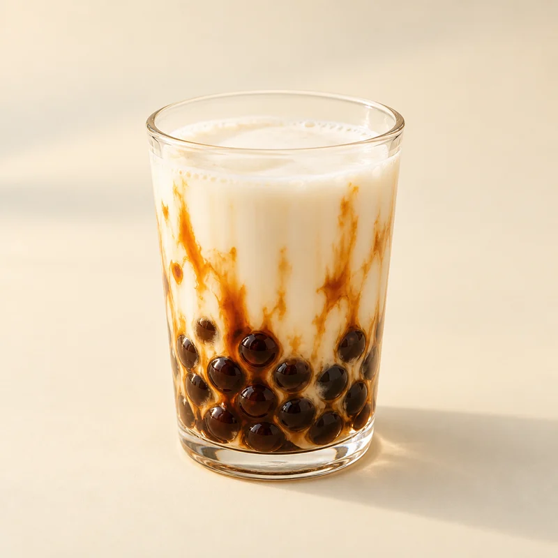 Brown sugar pearl milk — milk in a glass with dark sago pearls and brown sugar streaks at the bottom.