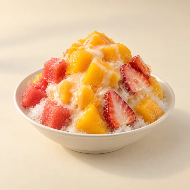 Shaved ice with fresh fruit on top.