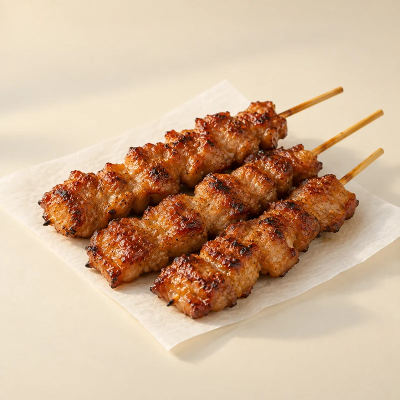 Grilled meat skewers with char marks.